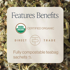Closeup of Rishi Tea Lavender Mint sachet highlighting fragrant herbs