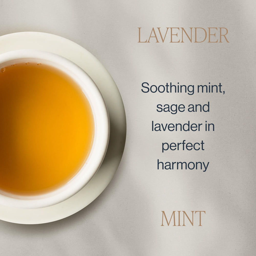 Rishi Tea Lavender Mint sachet close-up highlighting biodegradable packaging