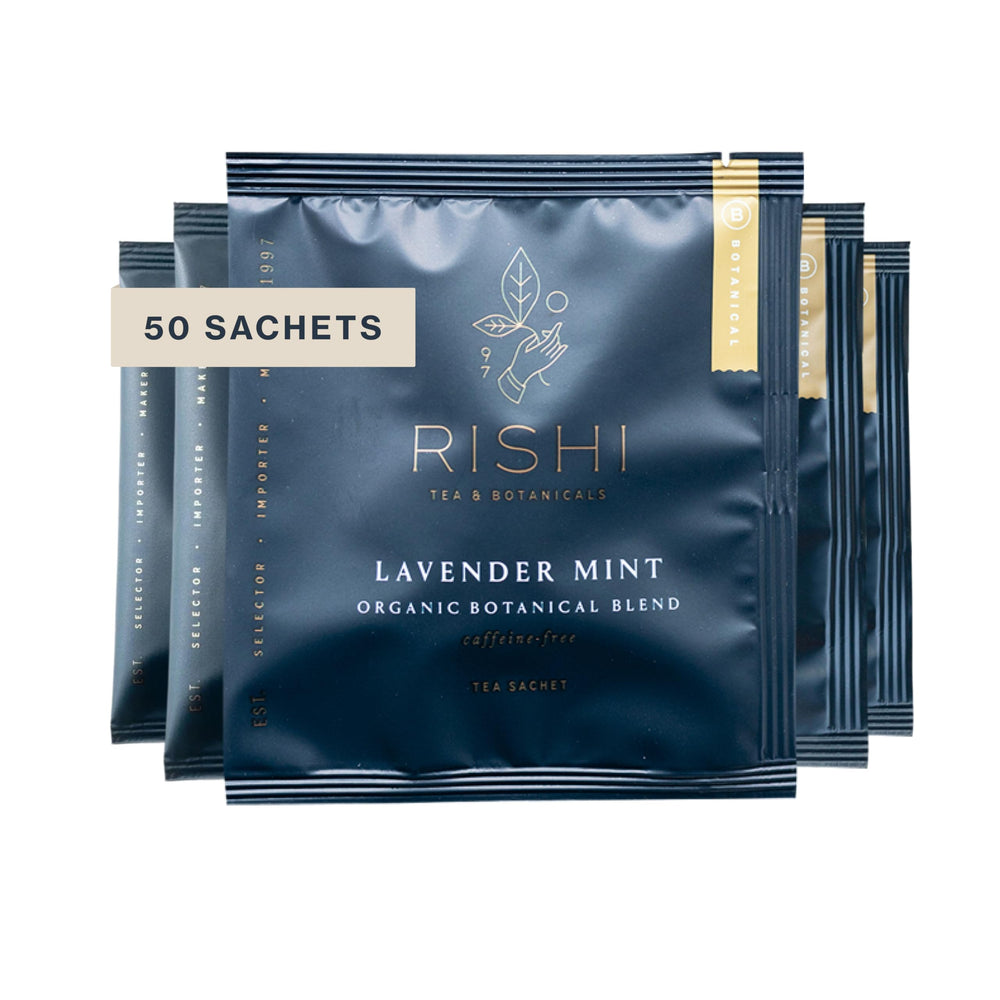 Rishi Tea Lavender Mint herbal sachet pack ready for a calming brew