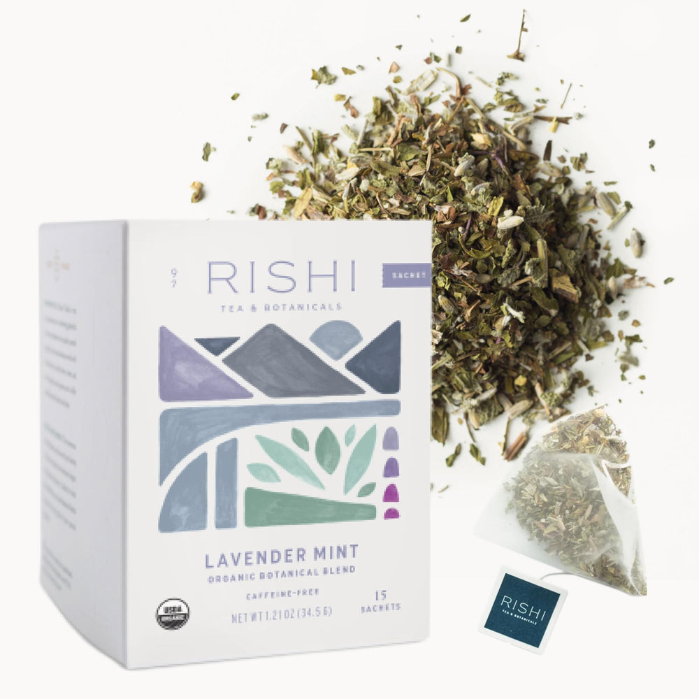 Rishi Tea Lavender Mint tea sachet pack for a calming, caffeine-free moment