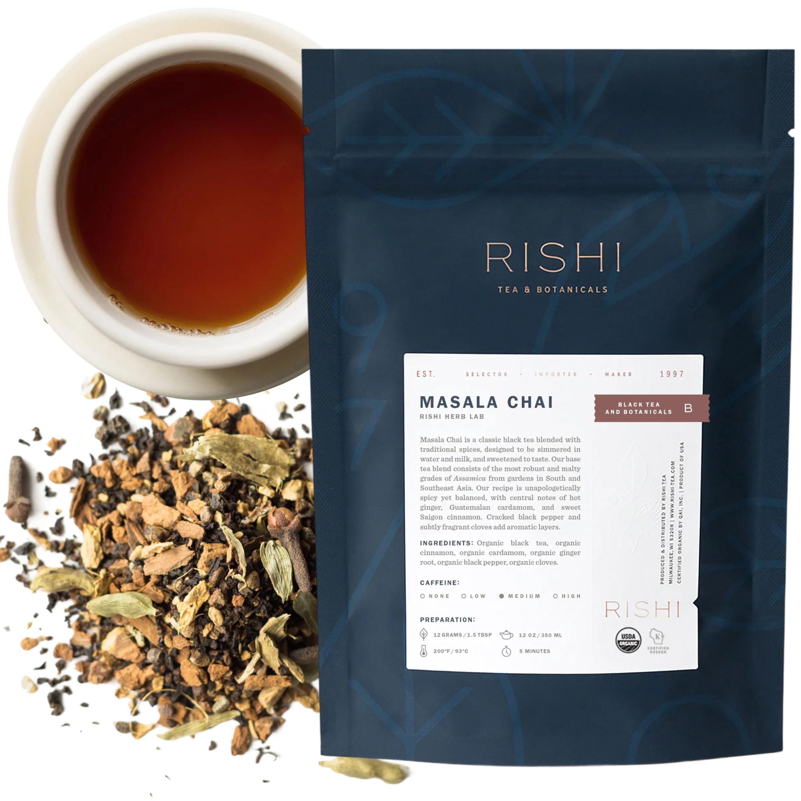 Rishi Tea Masala Chai Black loose leaf packaging shown for freshness