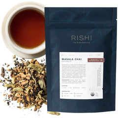 Rishi Tea Masala Chai Black loose leaf packaging shown for freshness