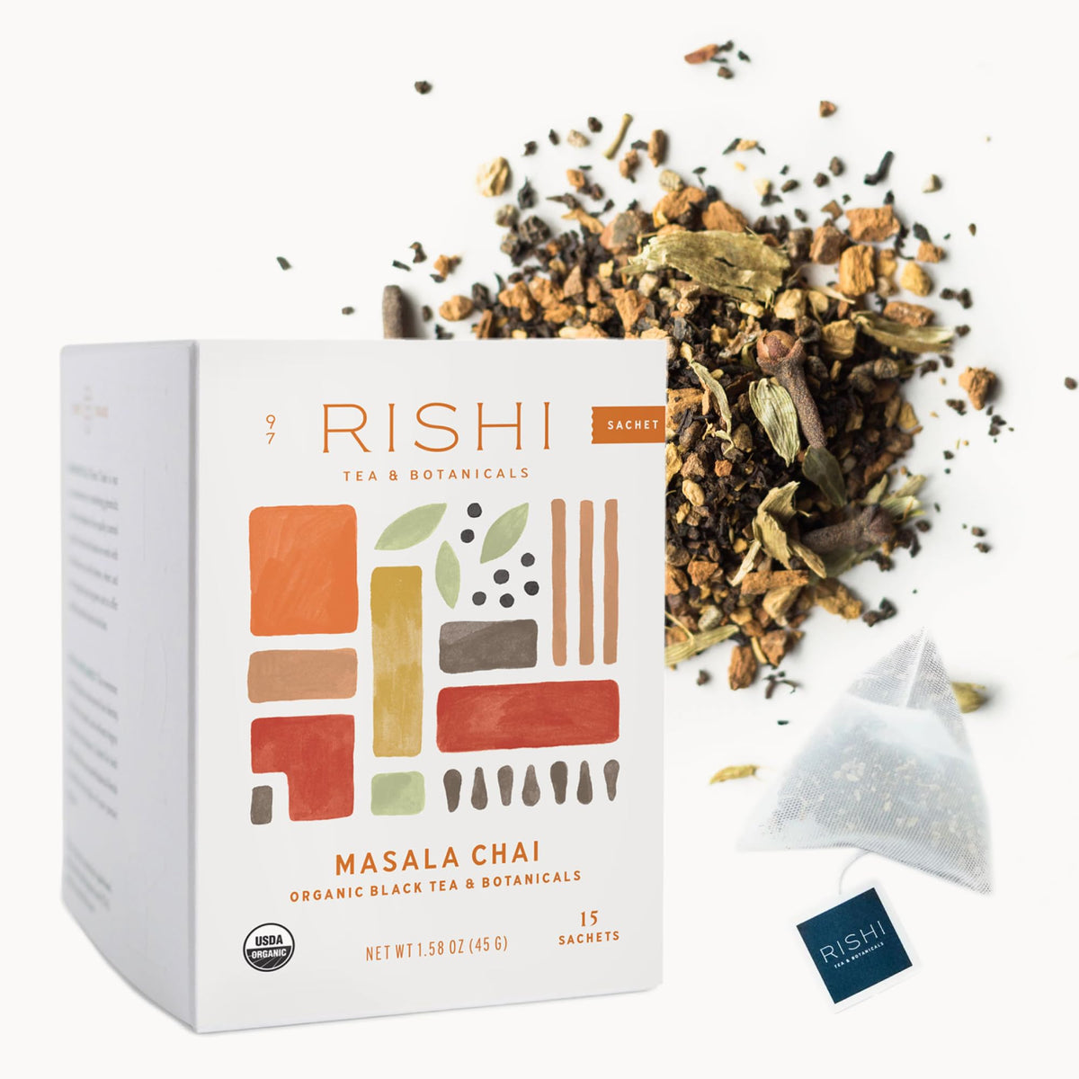 Rishi Tea Masala Chai sachet close-up highlighting bold spice blend.