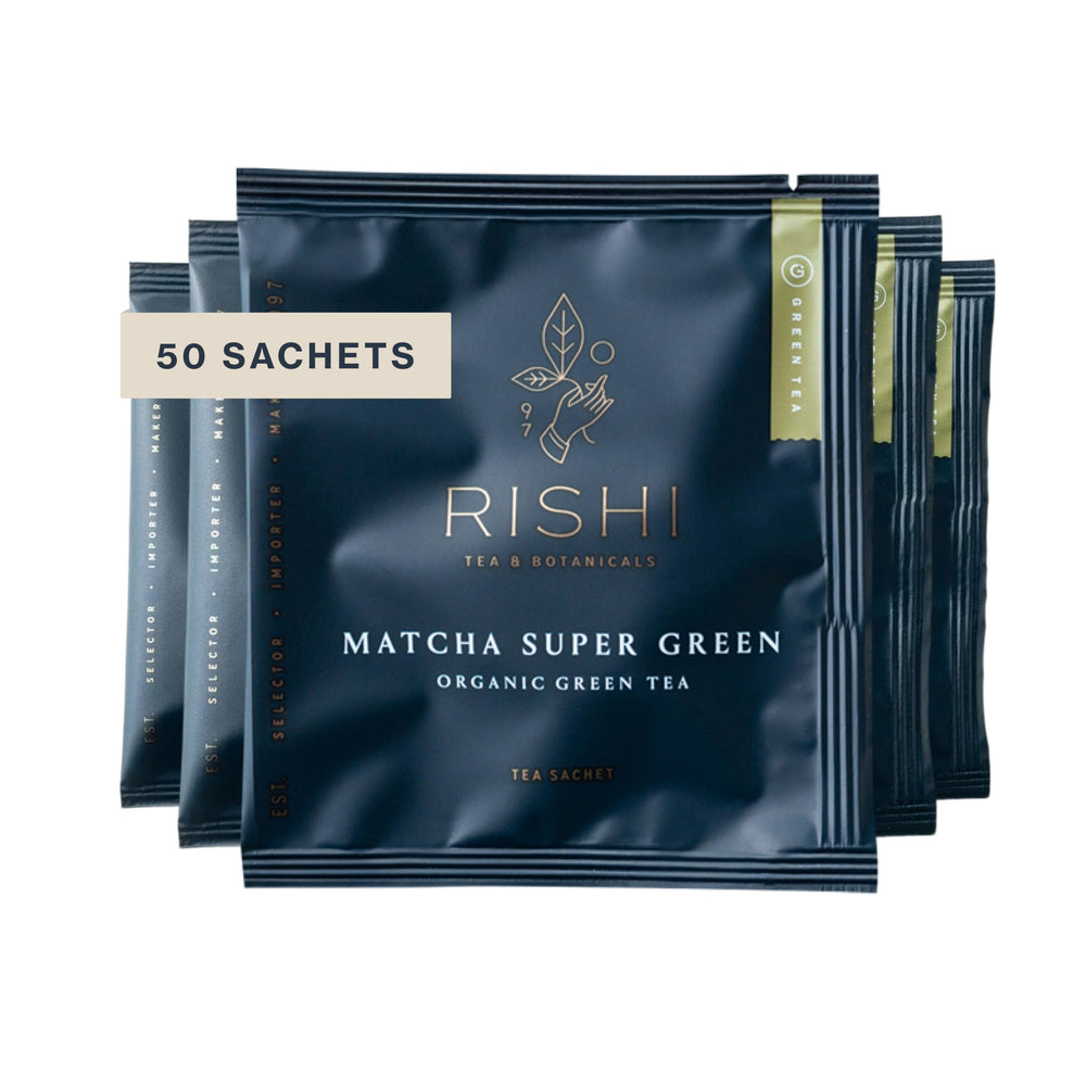 Rishi Tea Matcha Super Green sachet ready for quick brew.
