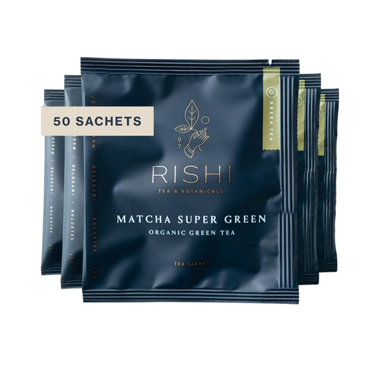 Rishi Tea Matcha Super Green sachet ready for quick brew.