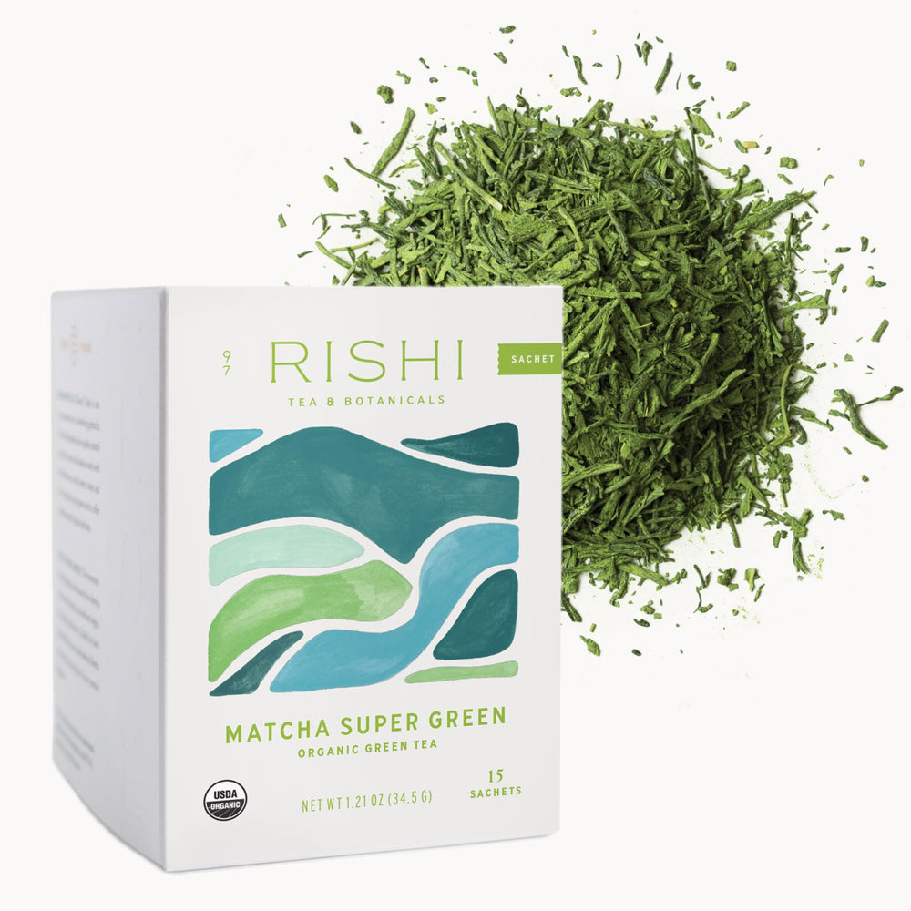 Rishi Tea Matcha Super Green sachet packaging highlights organic quality and convenience.