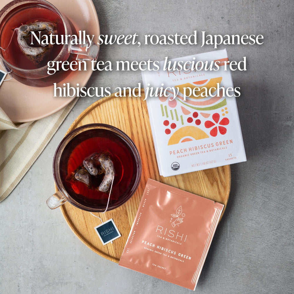 Close-up of Rishi Tea Peach Hibiscus Green Houjicha sachet for easy brew