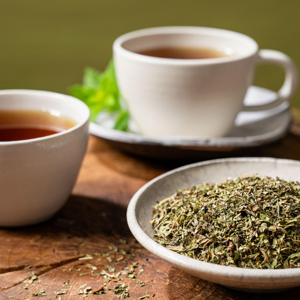 Rishi Tea Peppermint bags display demonstrates convenient caffeine-free refreshment