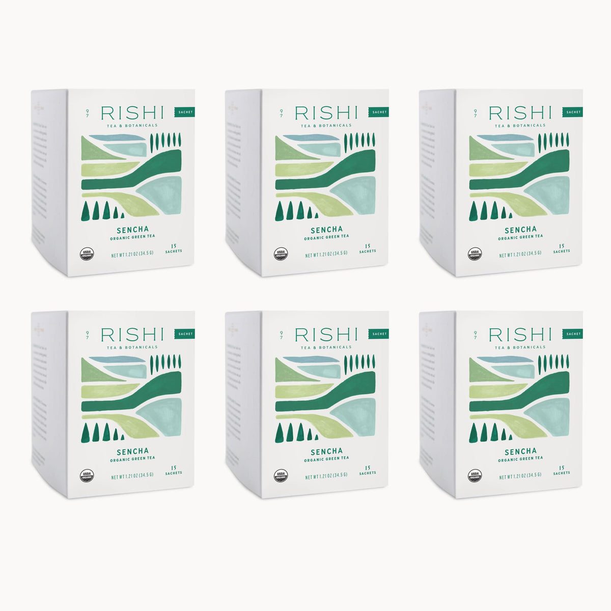 Rishi Tea Sencha green sachets pack ready for brewing and daily energy