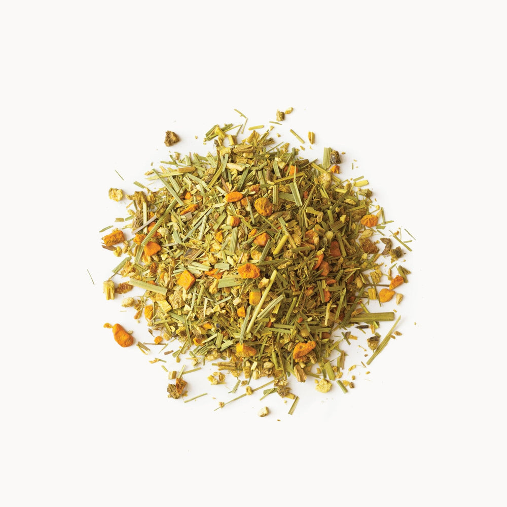 Rishi Tea Turmeric Ginger lemongrass and citrus peels contribute natural brightness.