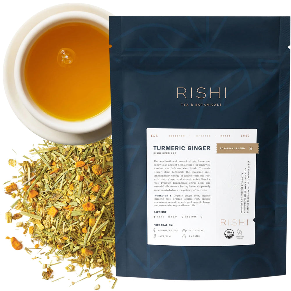 Rishi Tea Turmeric Ginger loose-leaf ready to steep for a warm, caffeine-free cup.