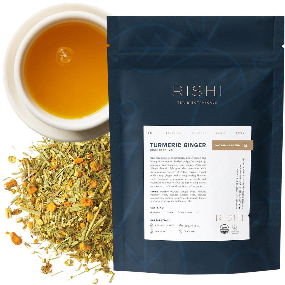 Rishi Tea Turmeric Ginger loose-leaf ready to steep for a warm, caffeine-free cup.