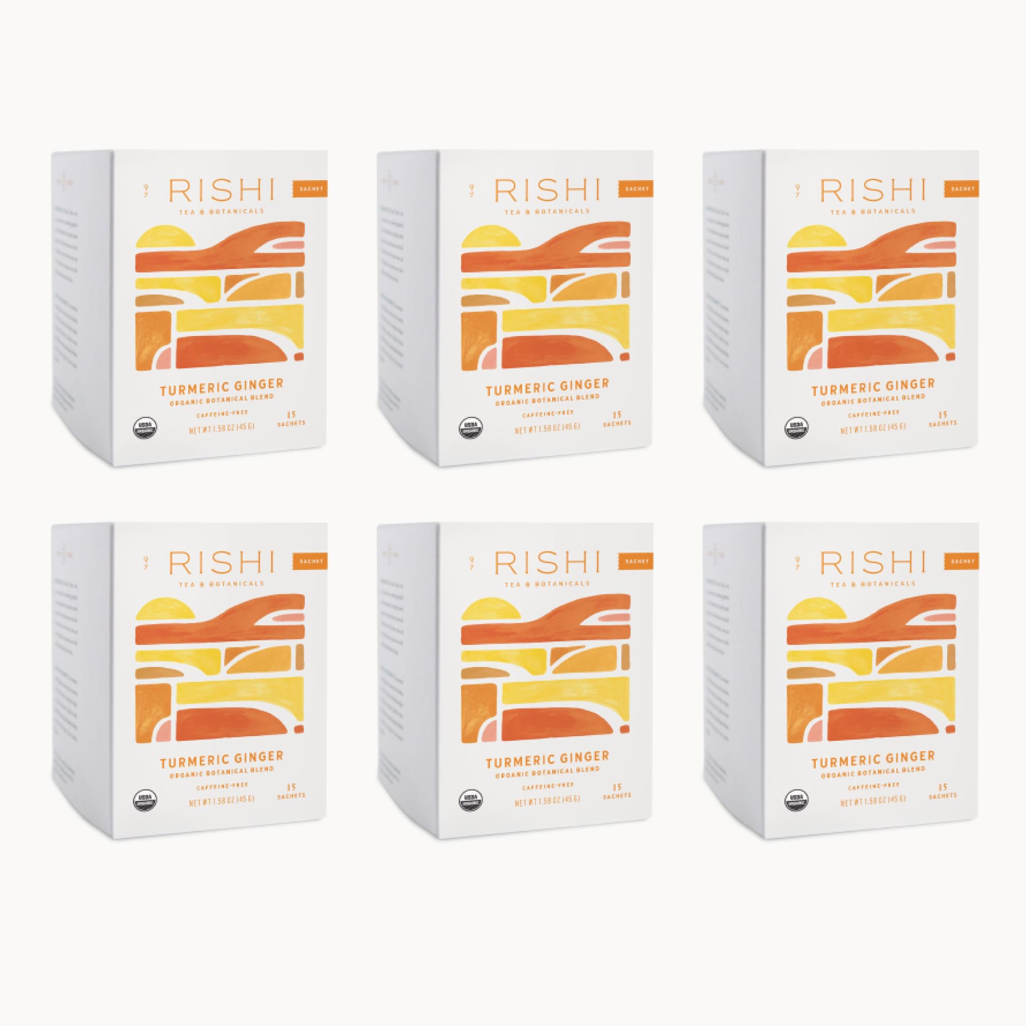 Rishi Tea turmeric-ginger tea bag delivering bright spice and citrus aroma.