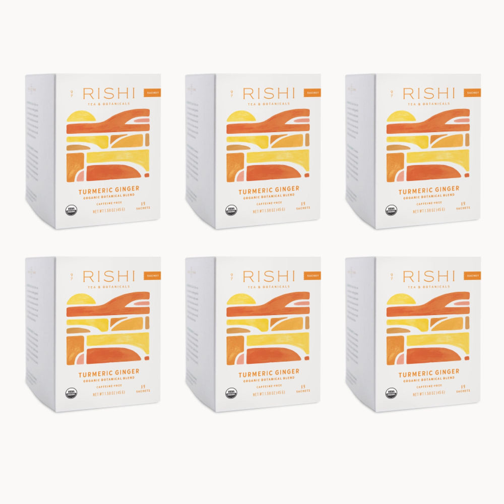 Rishi Tea turmeric-ginger tea bag delivering bright spice and citrus aroma.