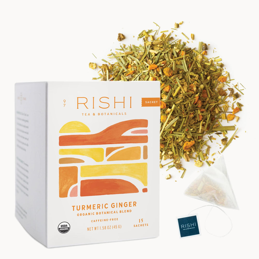 Rishi Tea Turmeric Ginger tea sachets in a box, caffeine-free and convenient brewing.