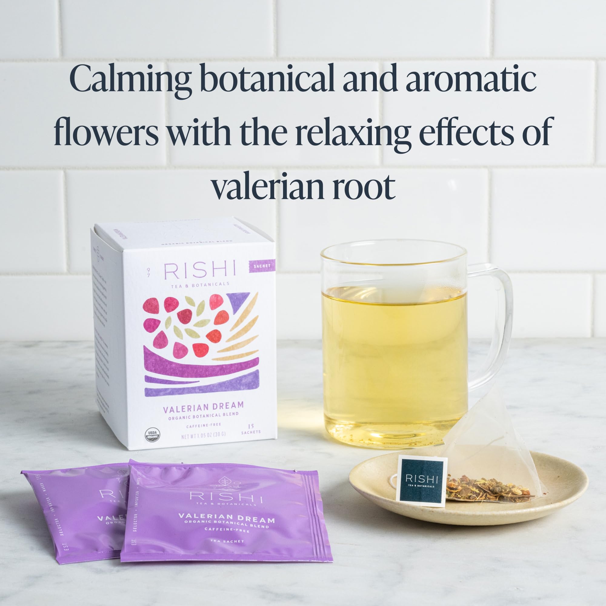 Organic and Non-GMO labels on the Valerian Dream tea packaging.