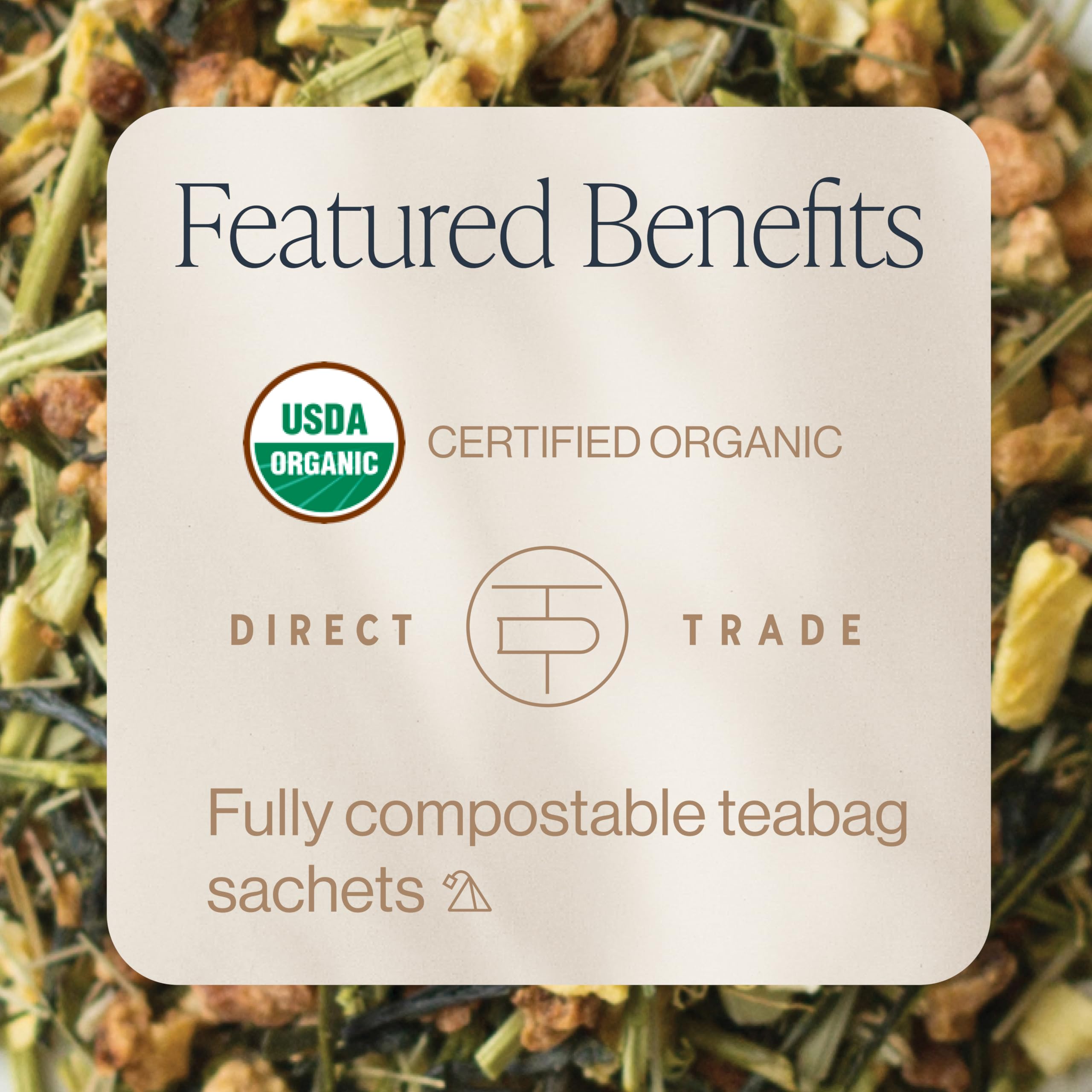 Rishi Tea Yuzu Peach Green sachet steeping in hot water produces a fragrant cup.