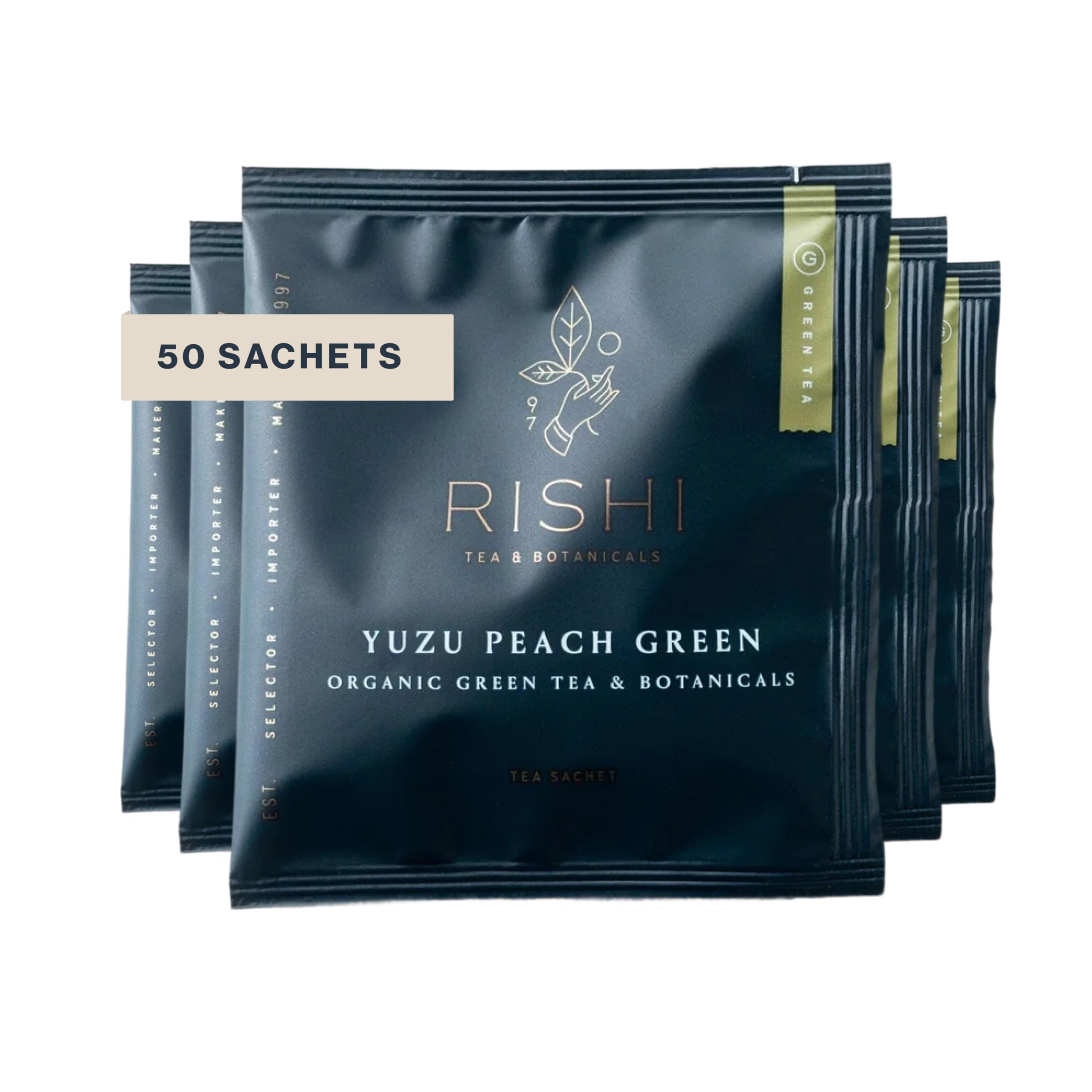 Rishi Tea Yuzu Peach Green sachet close-up for easy organic brewing.