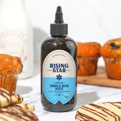 Rising Star Vanilla Paste demonstrates a 1:1 substitution for vanilla extract.