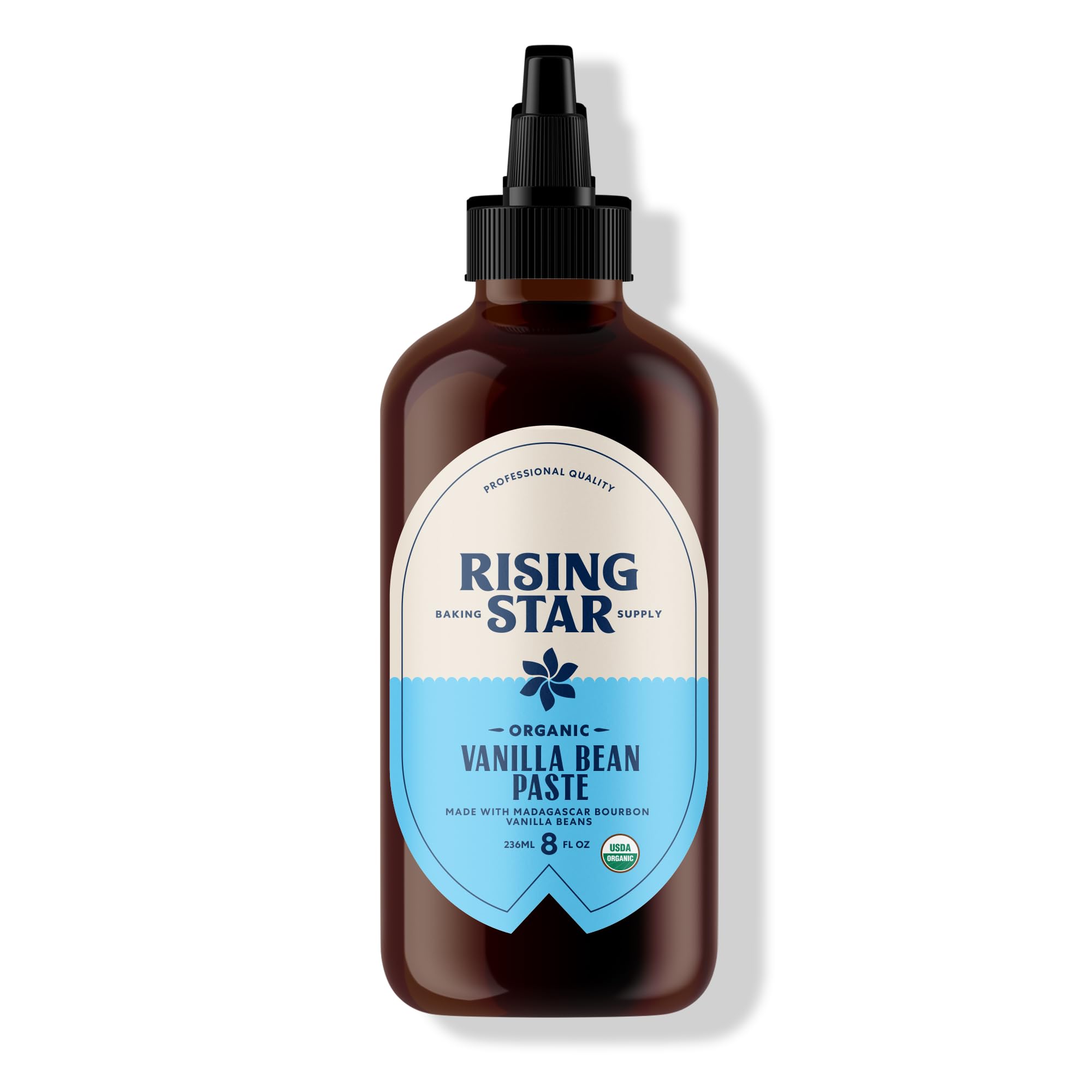 Rising Star Vanilla Paste bottle closeup shows rich aroma and vanilla specks.