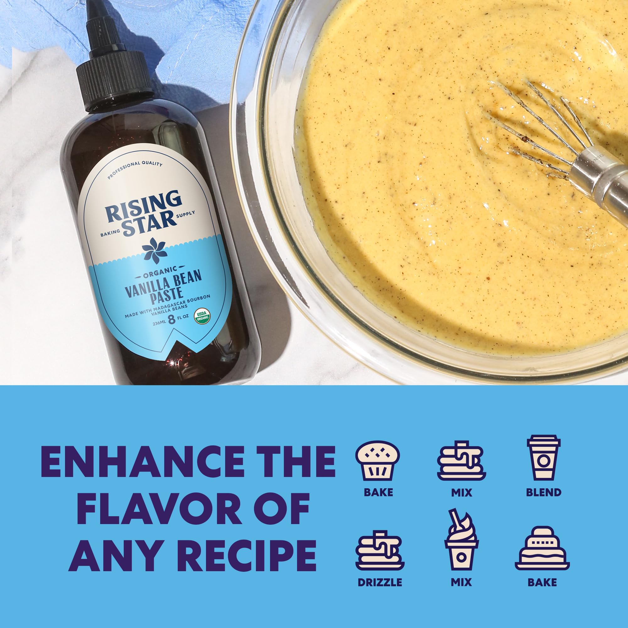 Rising Star Organic Vanilla Paste label highlights organic, additive-free quality.