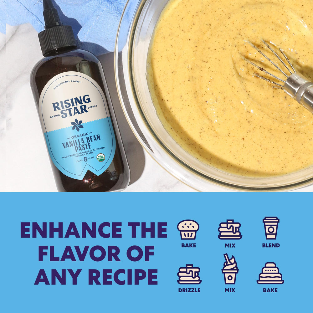 Rising Star Organic Vanilla Paste label highlights organic, additive-free quality.
