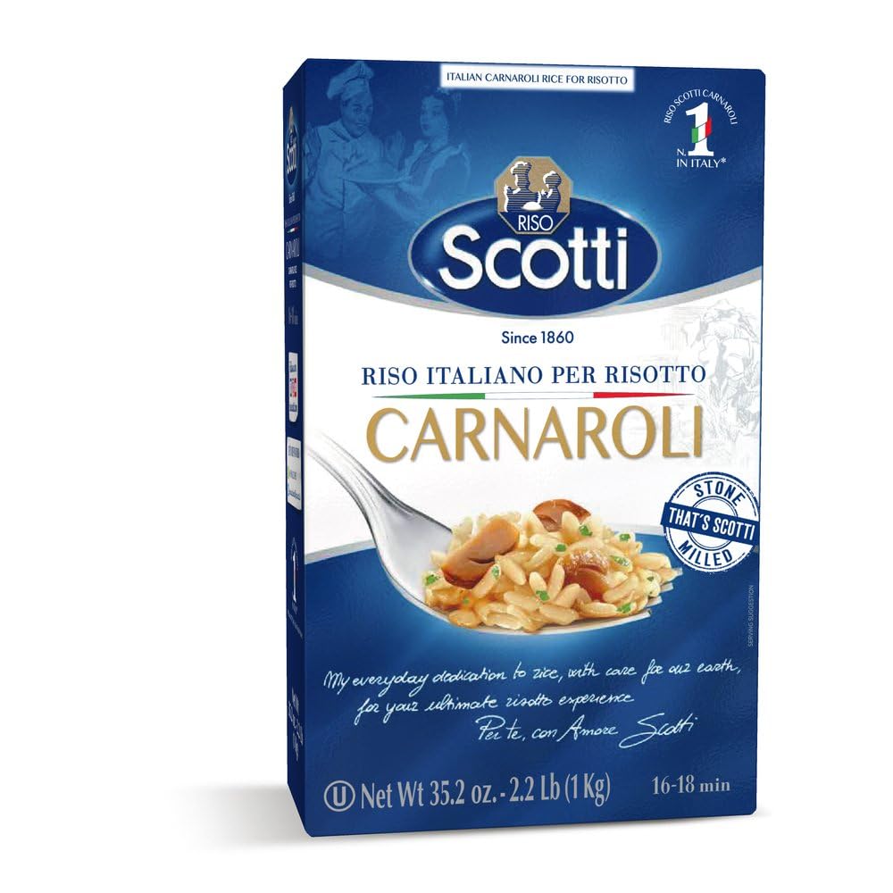 Riso Scotti Carnaroli rice in a bag ready for homemade risotto.