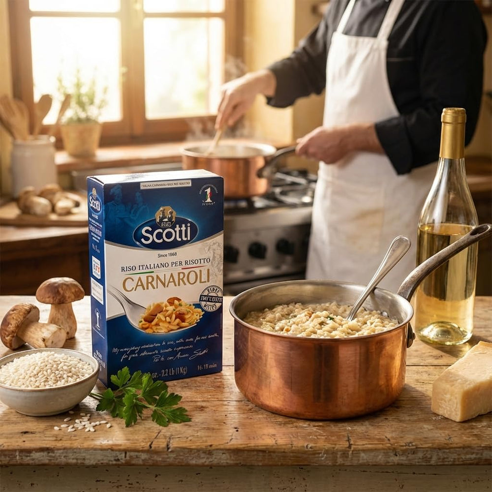 Creamy risotto with Carnaroli rice showing rich texture.
