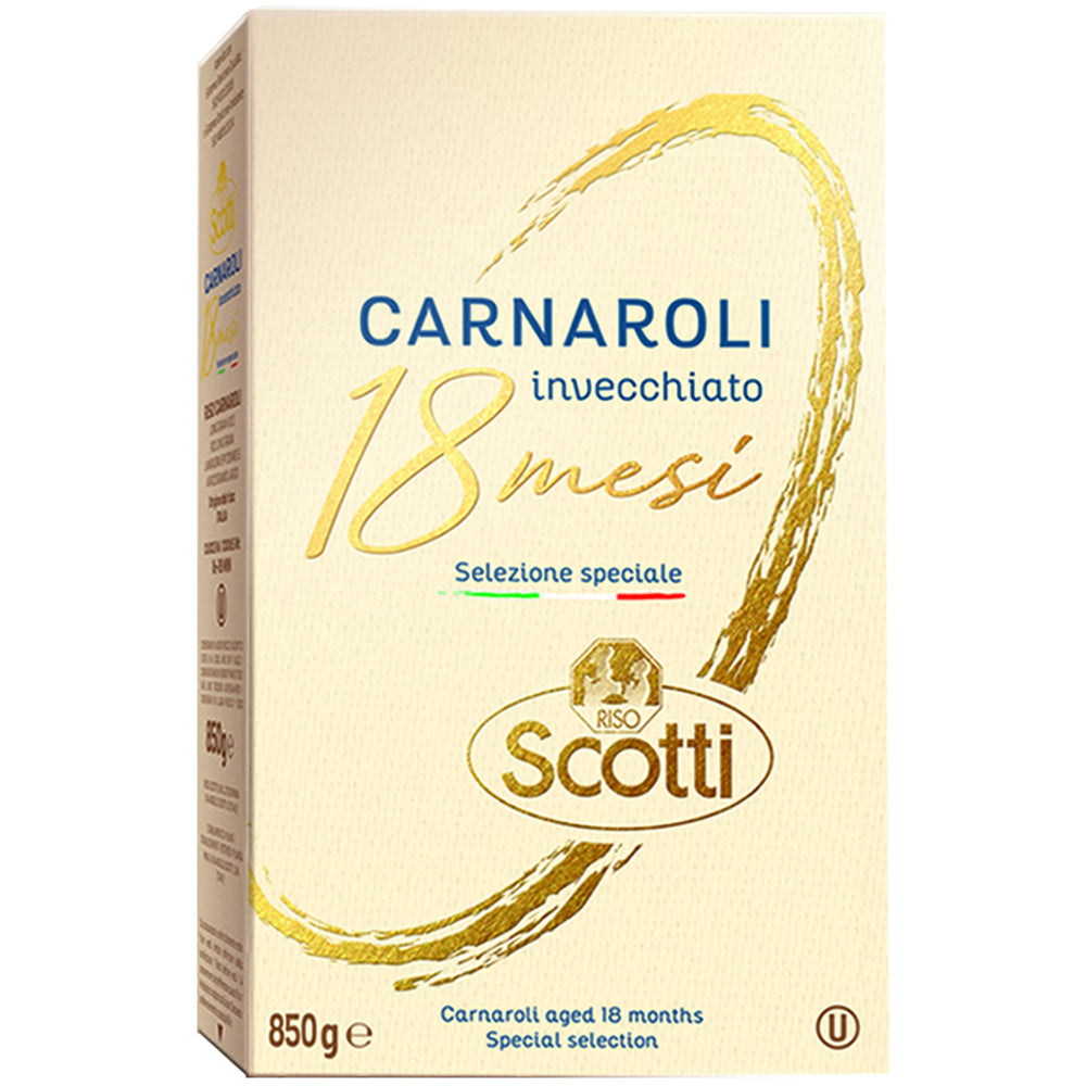 Riso Scotti premium Carnaroli rice bag ready for authentic risotto