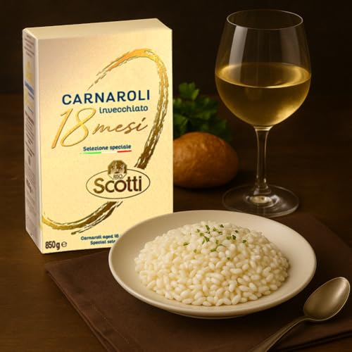 Riso Scotti Carnaroli grains close-up showing large, sturdy grains for risotto