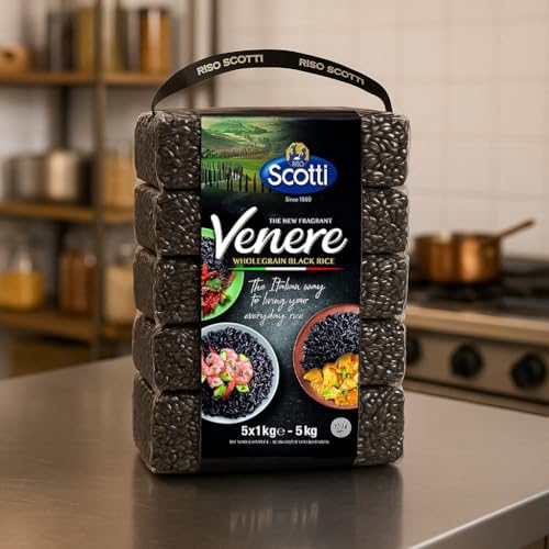 Riso Scotti Venere Black Rice bag highlights Italian origin and quality