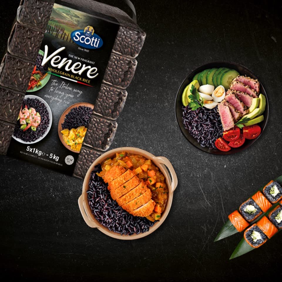 Riso Scotti Venere Black Rice packaging in kitchen for bulk storage