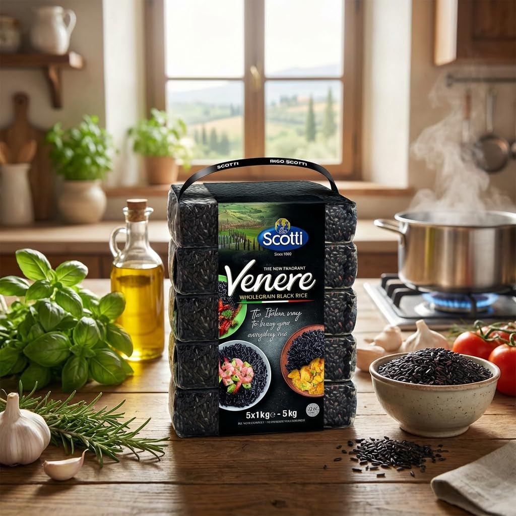 Riso Scotti Venere Black Rice cooking with seafood and herbs