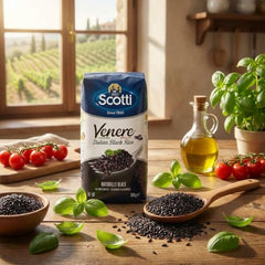 Riso Scotti Black Grain Rice risotto pan demonstrates creamy, luxurious texture.