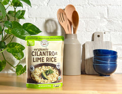 Ritika’s Global Grains Cilantro Lime Rice ingredients closeup emphasizes freshness and organic rice.