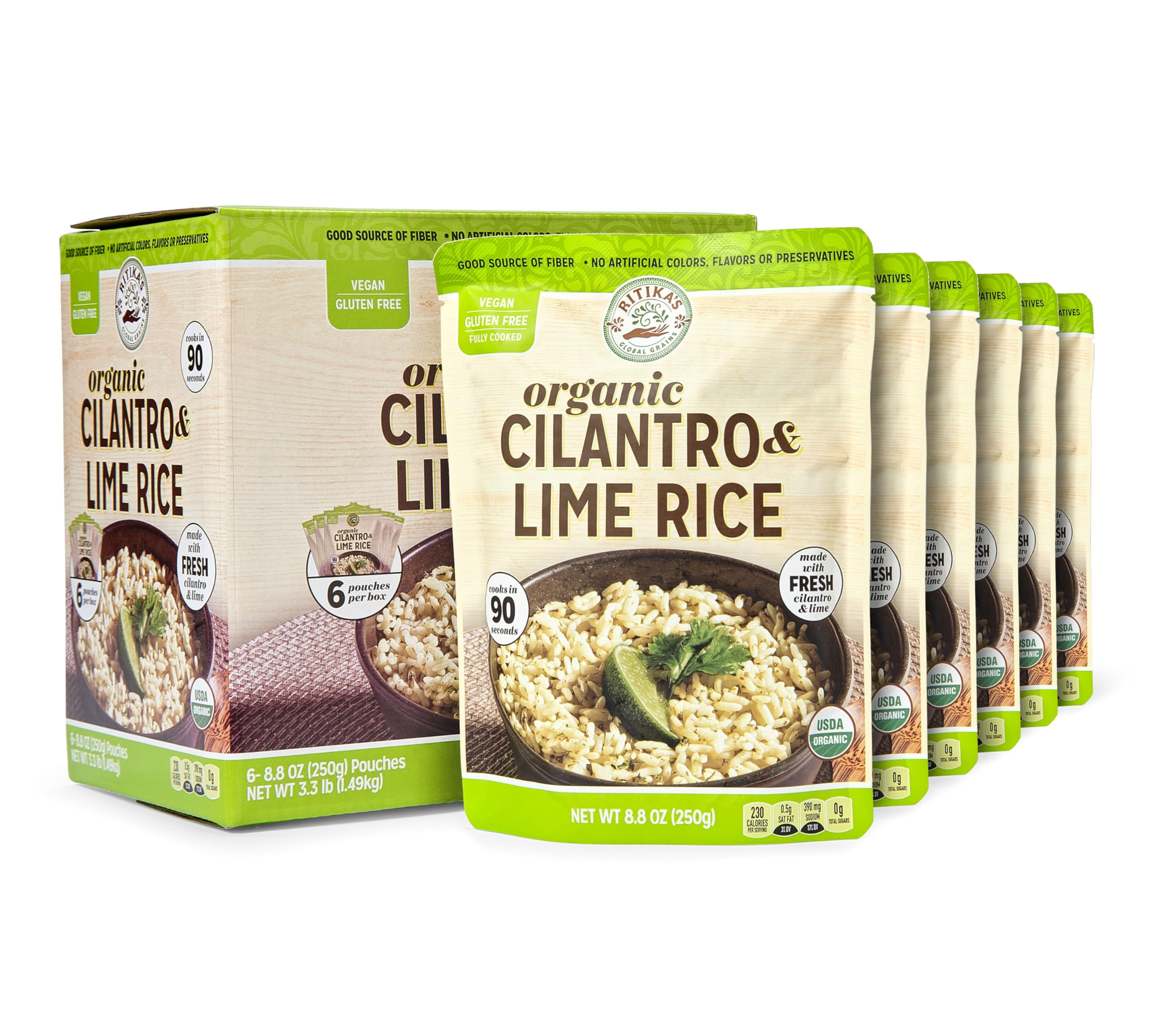 Ritika’s Global Grains Cilantro Lime Rice packaging shows convenient six-pouch format for quick meals.