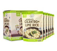 Ritika’s Global Grains Cilantro Lime Rice packaging shows convenient six-pouch format for quick meals.
