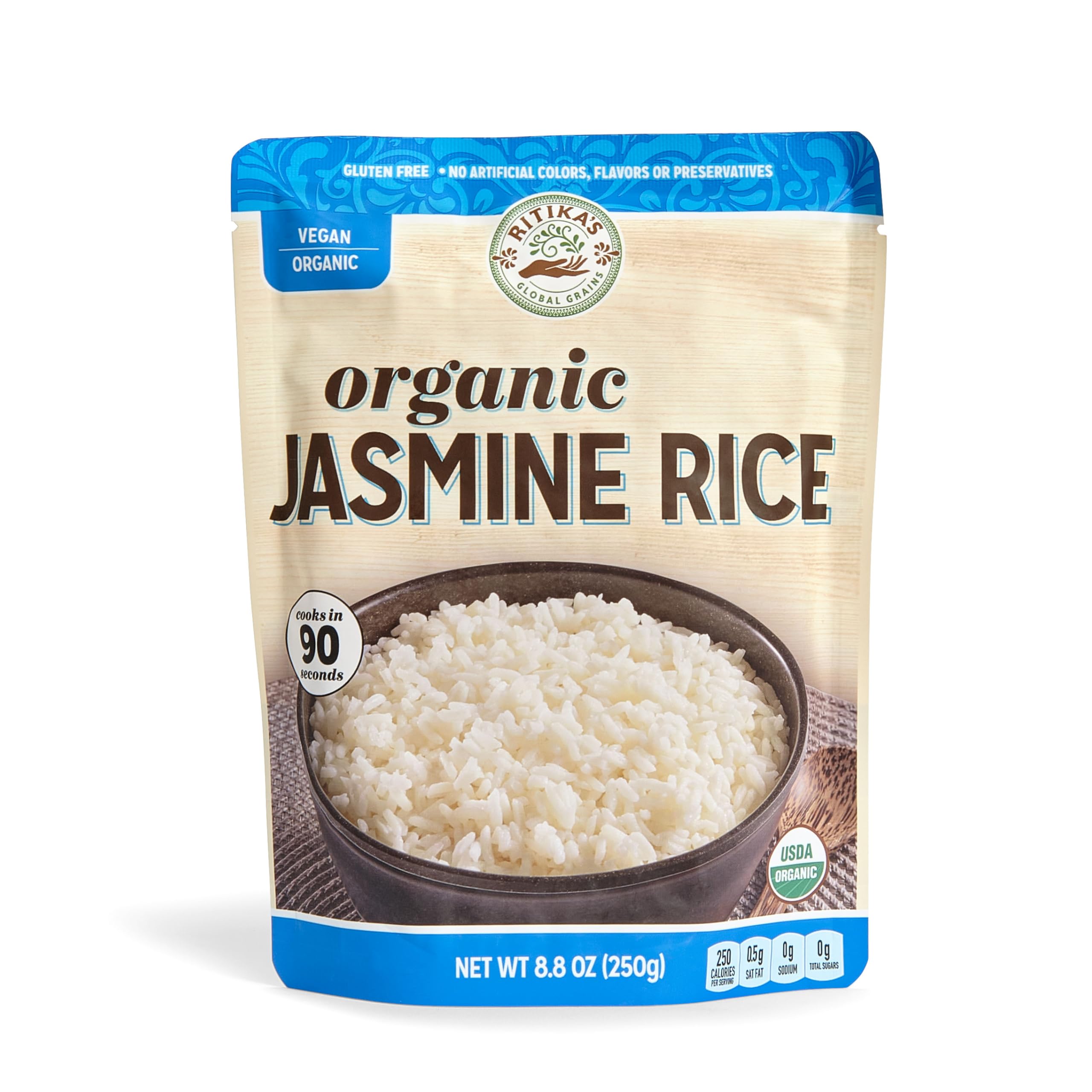 Ritika’s jasmine rice gluten-free vegan label on packaging.