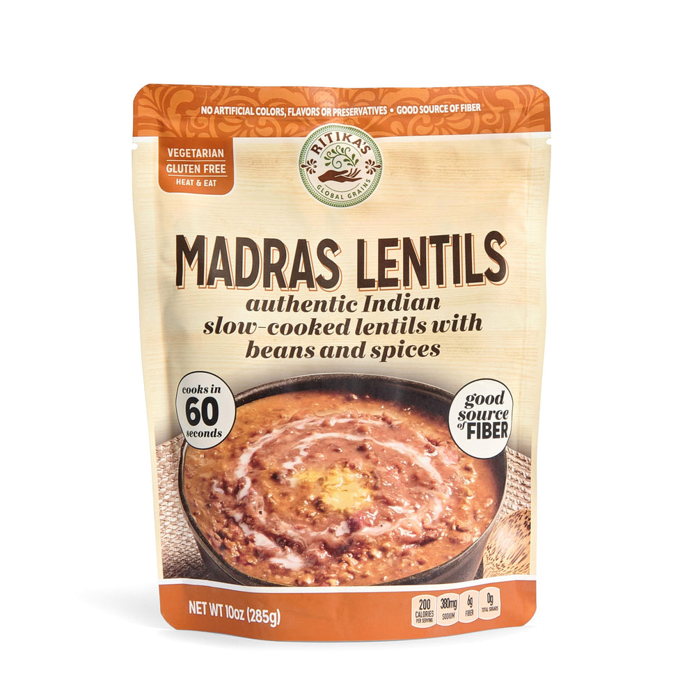 Madras Lentils 8-pack packaging shown for convenient, ready-to-eat meals.