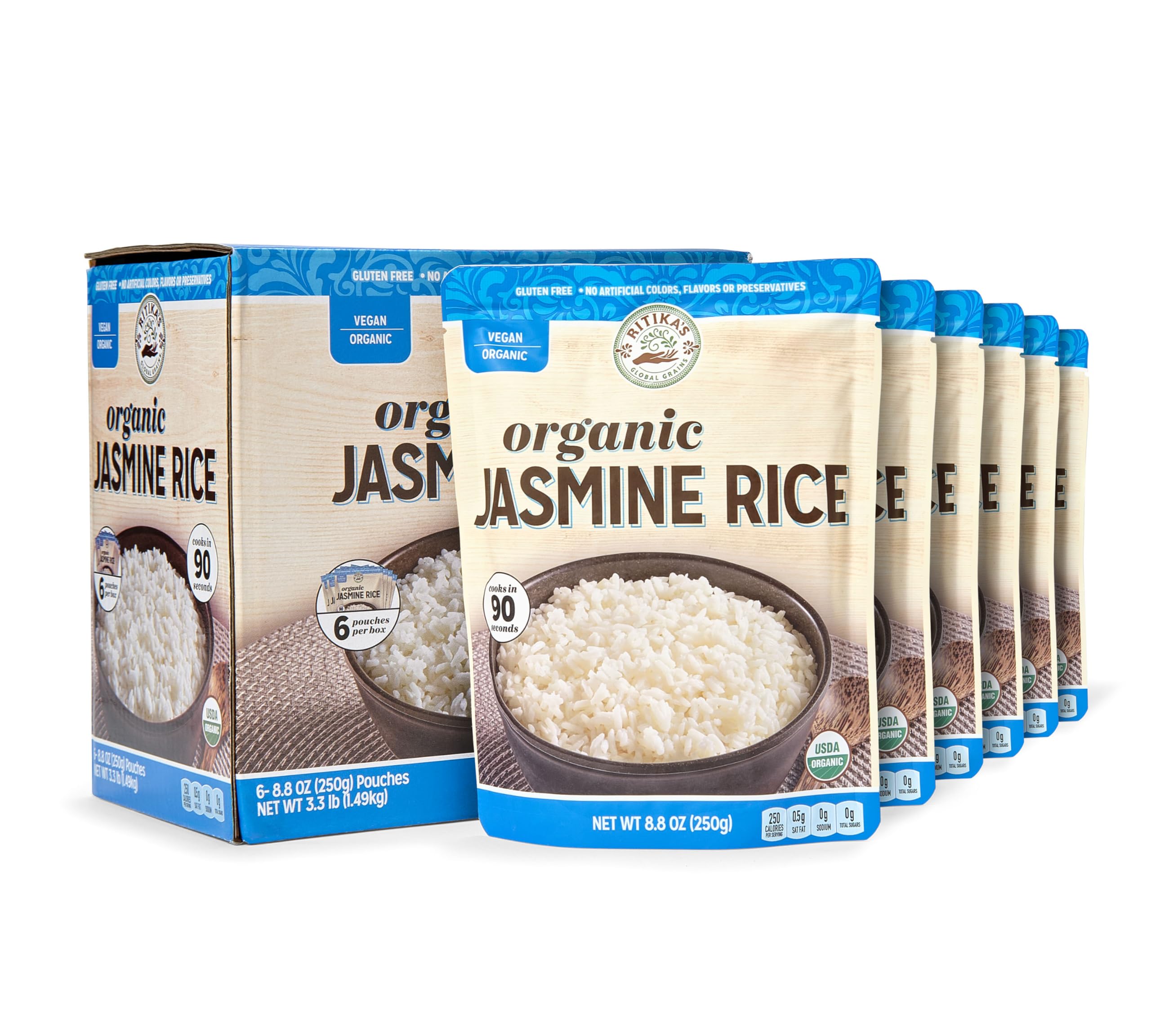Ritika’s Global Grains organic jasmine rice pouch for quick meals.