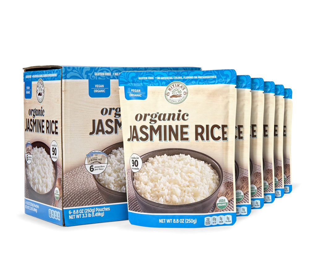 Ritika’s Global Grains organic jasmine rice pouch for quick meals.