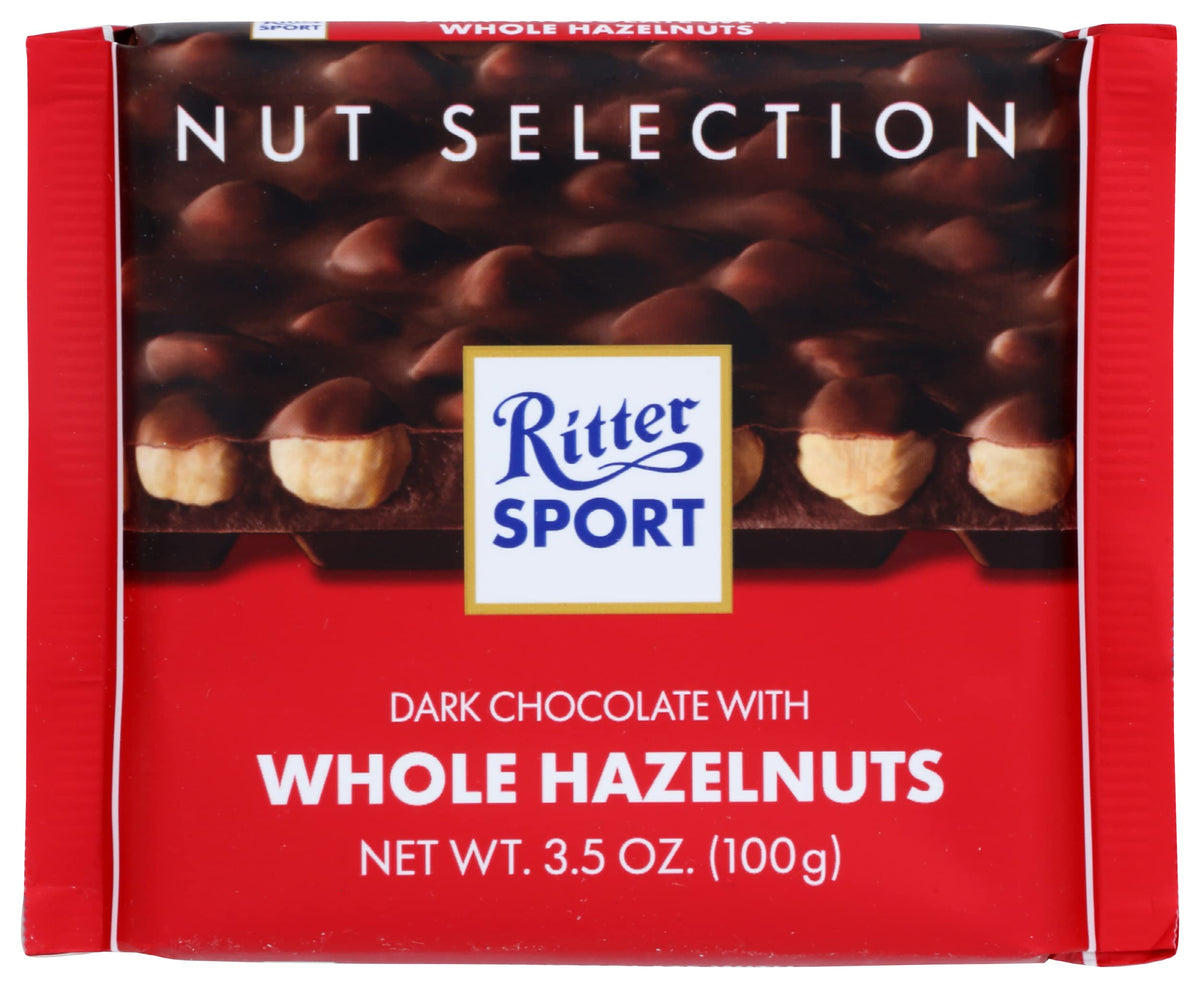 Ritter Sport dark chocolate with whole hazelnuts bar, close-up, rich flavor and crunchy hazelnuts.