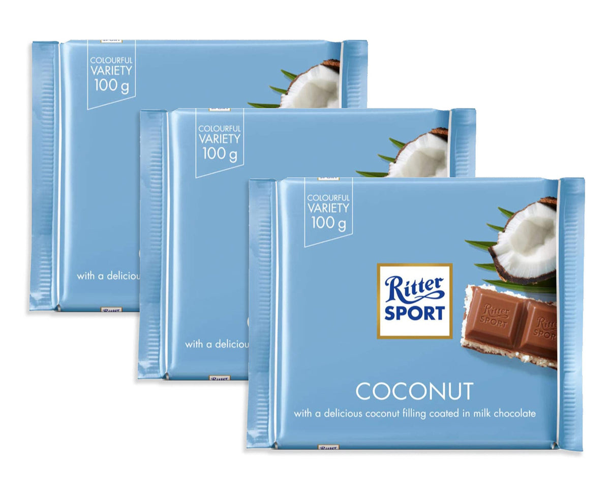 Ritter Sport Kokos 3-bars pack front showing the brand and serving-size.