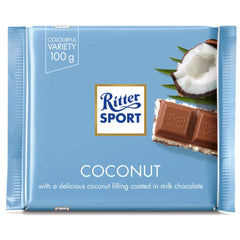 Ritter Sport Kokos close-up highlights creamy alpine milk chocolate with coconut.