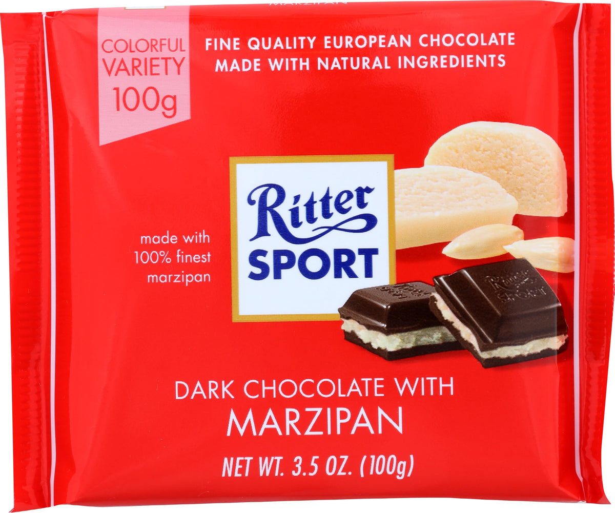 Ritter Sport marzipan dark chocolate bar with colorful packaging, ideal for sharing.