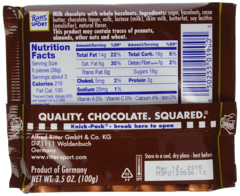Close-up reveals roasted hazelnuts in Ritter Sport chocolate for crunch.