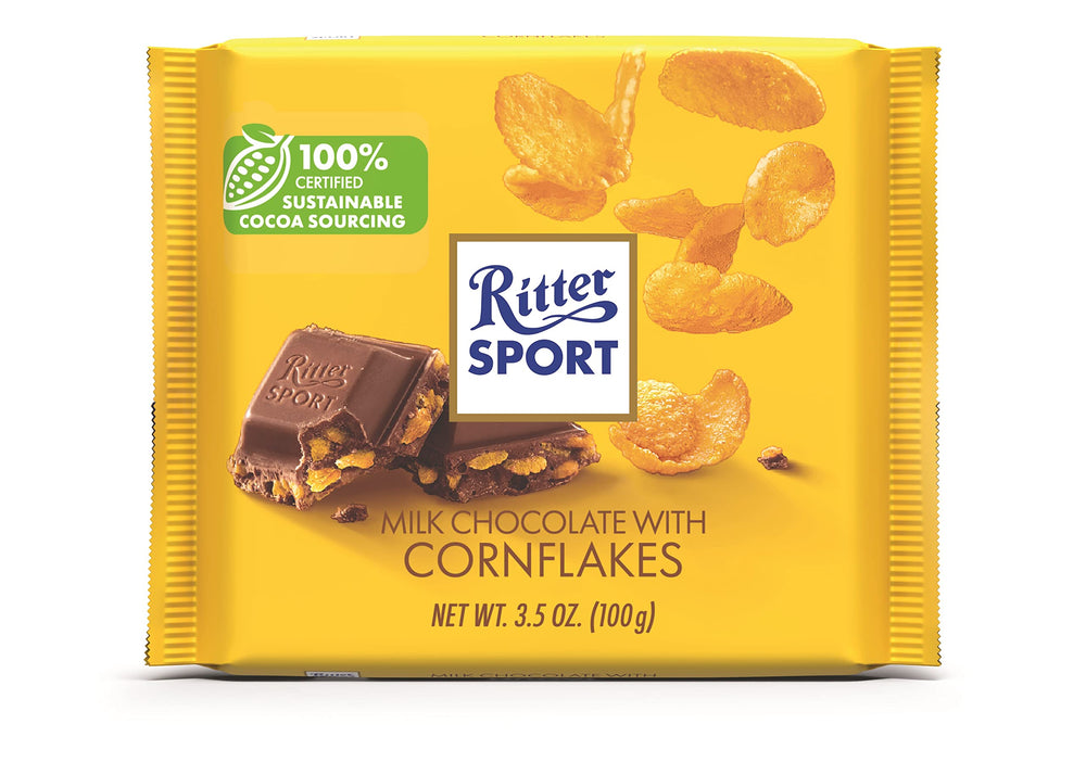 Ritter Sport milk chocolate with cornflakes bar shows crisp texture for a crunchy, satisfying bite.
