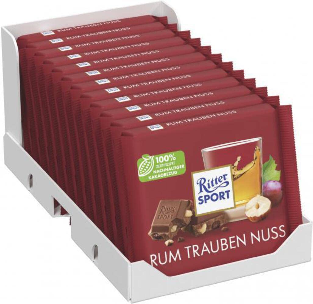Ritter Sport variety rum grape nut bars in a colorful pack, ideal gift or snack.