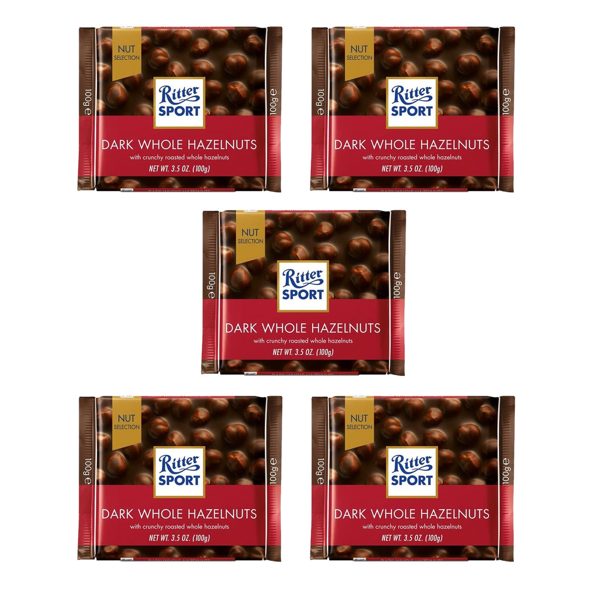 Ritter Sport Dark Whole Hazelnuts 5-pack front view, convenient snack for anytime indulgence