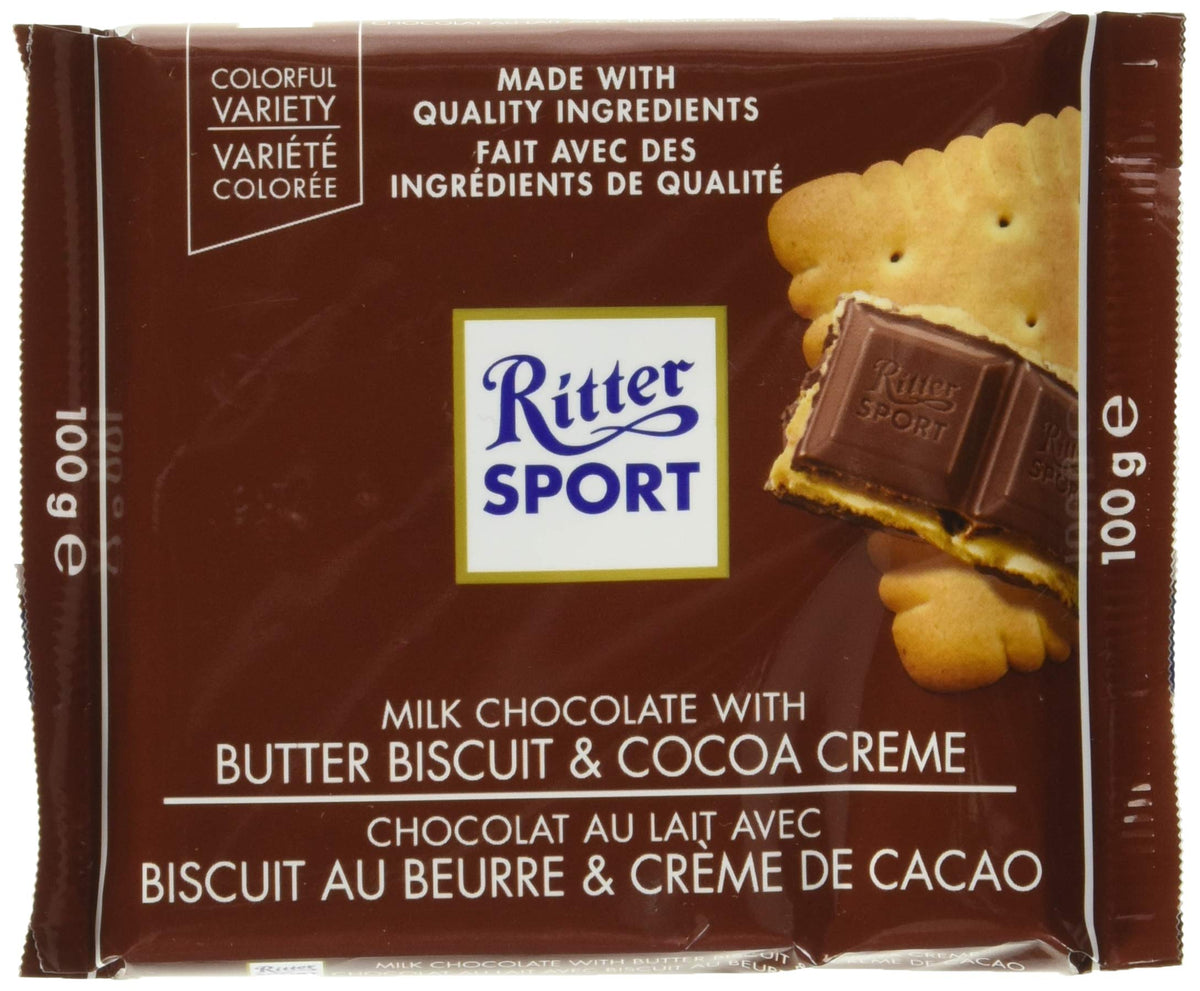 Ritter Sport Milk Chocolate Butter Biscuit bar on the go snack.